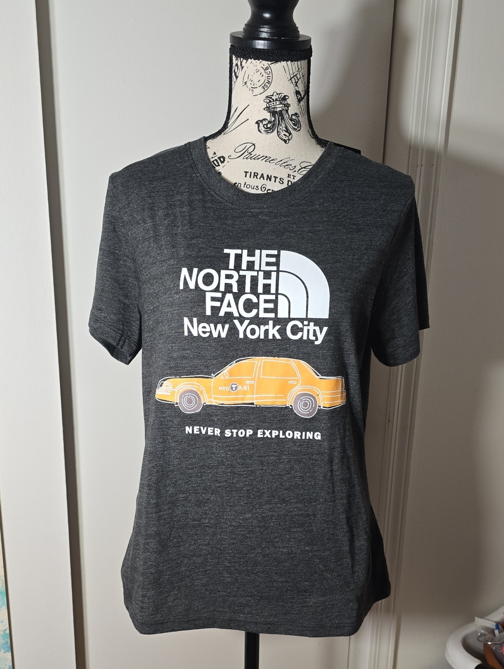 North Face Charcoal Heather Short Sleeve Tee with Yellow NYC Taxi Graphic